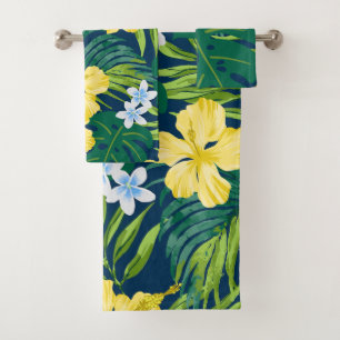Luna Hibiskus Garden Hawaiian - Gelb und Marine Badhandtuch Set
