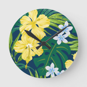 Luna Hibiskus Garden Hawaiian - Gelb und Marine Runde Wanduhr