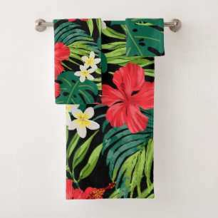 Luna Hibiskus Garden Hawaiian - rot und schwarz Badhandtuch Set