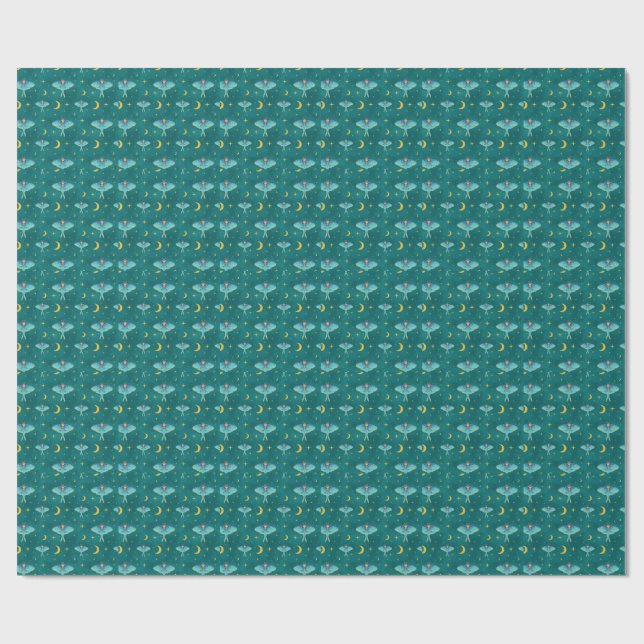 Luna Moth Celestial Moons & Stars Aquamarin Geschenkpapier (Flach)