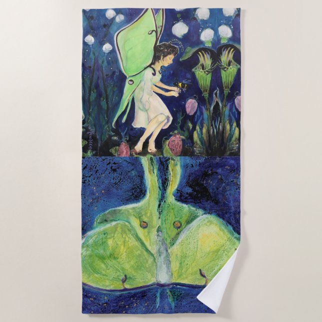 Luna Moth Fairy Wildblumen Bee Maureen Girard Strandtuch (Vorderseite)