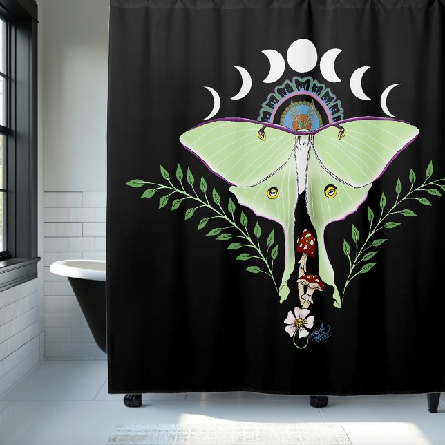 Luna Moth Moon Phases Black Duschvorhang (Von Creator hochgeladen)
