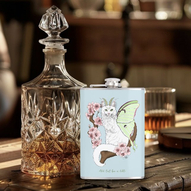 Luna Moth Moon White Cat Green Flachmann (Von Creator hochgeladen)