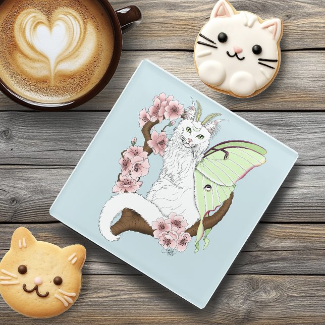 Luna Moth Moon White Cat Green Glasuntersetzer (Von Creator hochgeladen)