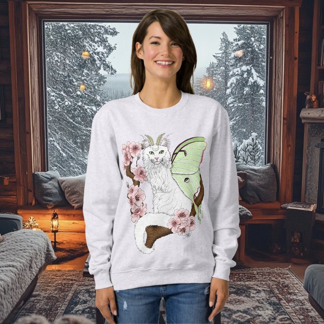 Luna Moth Moon White Cat Green Sweatshirt (Von Creator hochgeladen)