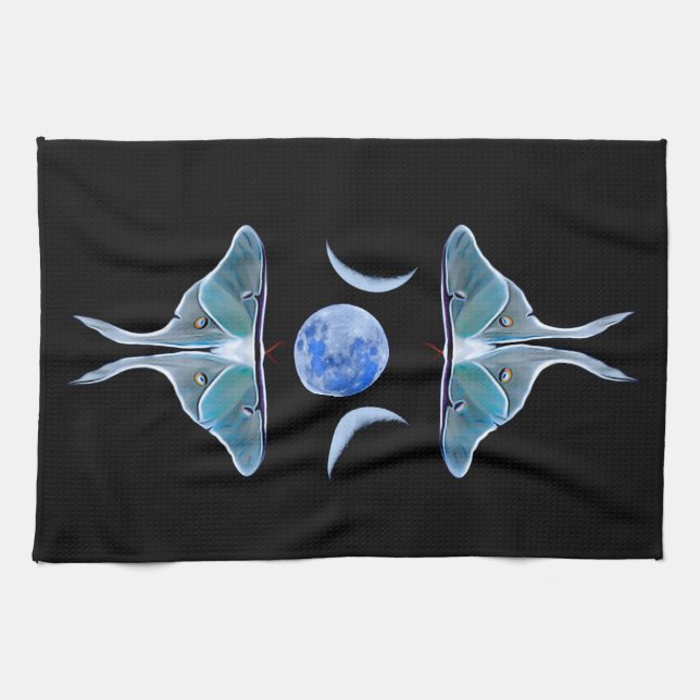 Luna Moth Triple Moon auf schwarz Geschirrtuch (Horizontal)