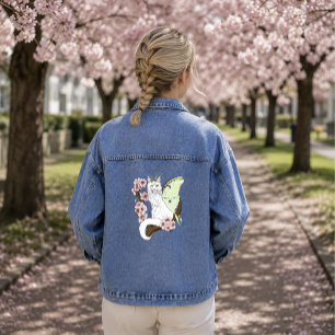 Luna-Motte Mond Weiße Katze Grün Jeansjacke