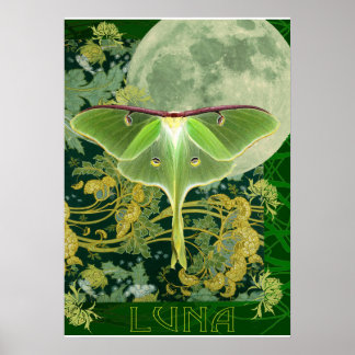 Luna-Motte und Mondposter, grüne Naturcollage Poster