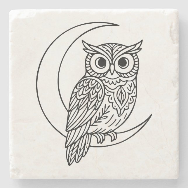 Luna Owl Line Art with Crescent Moon Steinuntersetzer (Vorderseite)