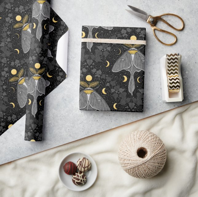 Lunamotte, Mondphasen und Efeu-Damast-Muster Geschenkpapier (Basteln)