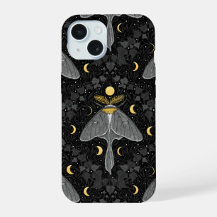 Lunamotte, Mondphasen und Efeu-Damast-Muster iPhone 15 Hülle
