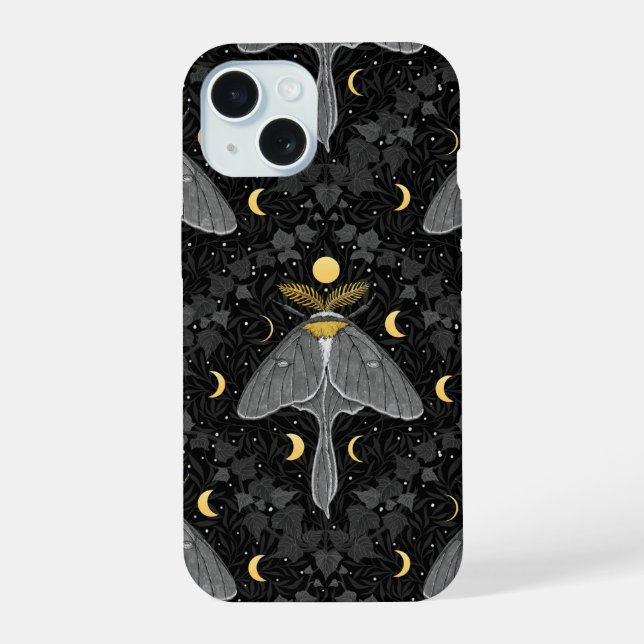 Lunamotte, Mondphasen und Efeu-Damast-Muster iPhone 15 Hülle (Rückseite)