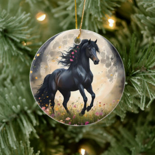 Lunar Elegance: Schwarzes Fantasy - Pferd mit dem  Keramik Ornament