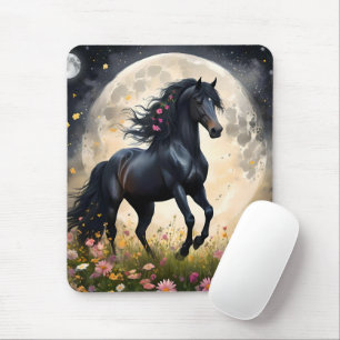 Lunar Elegance: Schwarzes Fantasy - Pferd mit dem  Mousepad
