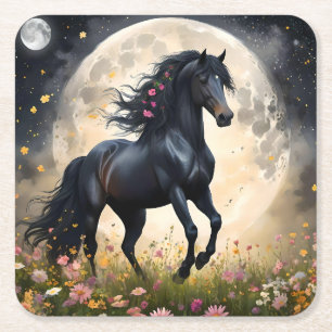 Lunar Elegance: Schwarzes Fantasy - Pferd mit dem  Rechteckiger Pappuntersetzer