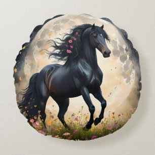 Lunar Elegance: Schwarzes Fantasy - Pferd mit dem  Rundes Kissen