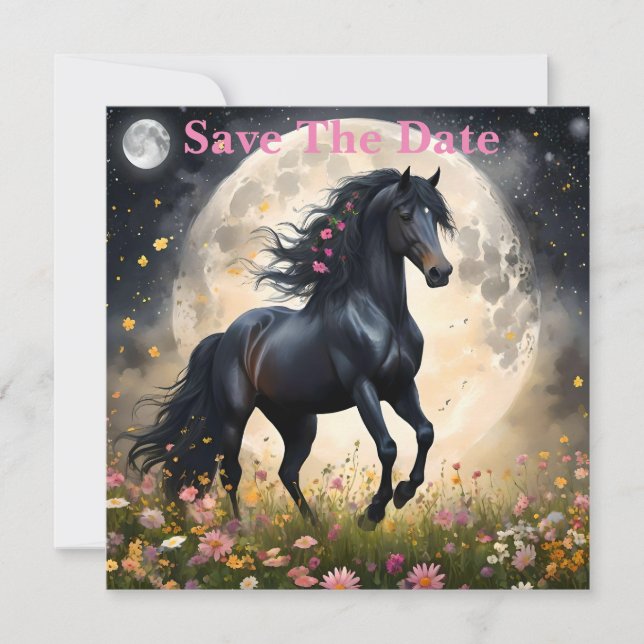 Lunar Elegance: Schwarzes Fantasy - Pferd mit dem  Save The Date (Vorderseite)