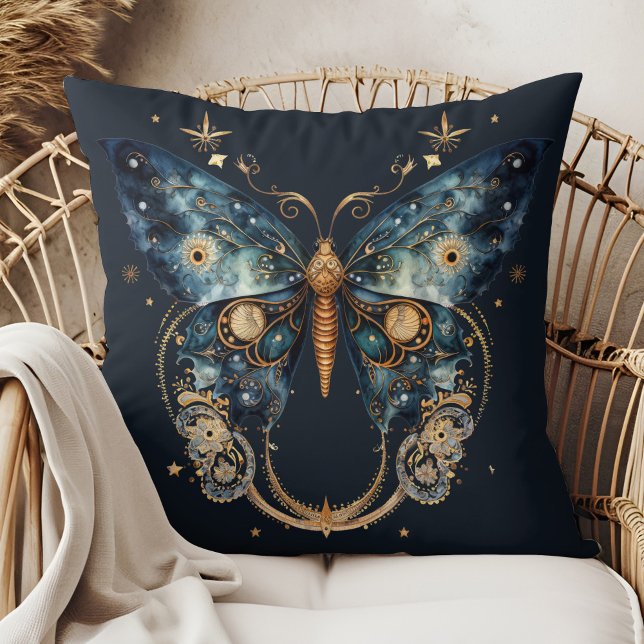 Lunar Moth - Celestial Witchmas Throw Pillow Kissen (Lunar Moth - Celestial Witchmas Throw Pillow in a boho rattan armchair.)