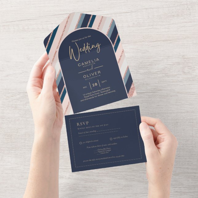 Lunar Navy Blue Blush Pink Rose Gold Hochzeit All In One Einladung (Abreißen)