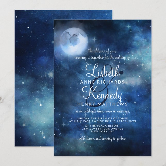 Lunar Sky Full Moon Celestial Galaxy Stars Hochzei Einladung (Vorne/Hinten)