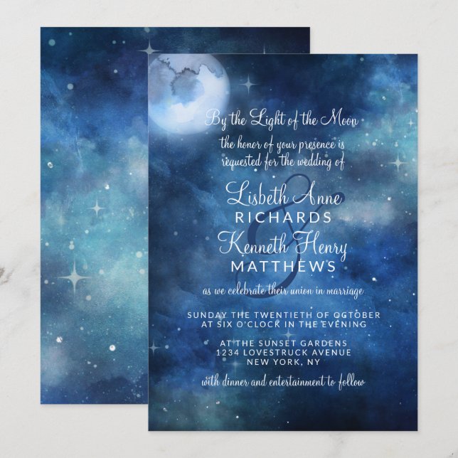 Lunar Sky Full Moon Celestis Stars Wedding Einladung (Vorne/Hinten)