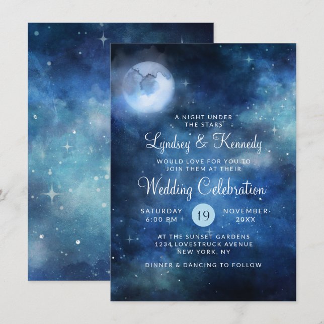 Lunar Sky Full Moon Night under the Stars Wedding Einladung (Vorne/Hinten)