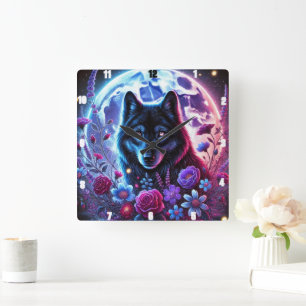 Lunar Wolf und Blumendesign Quadratische Wanduhr