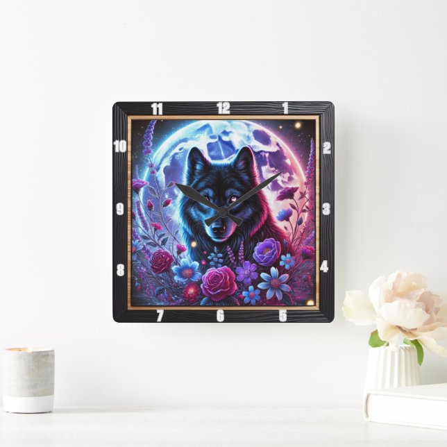 Lunar Wolf und Blumendesign Quadratische Wanduhr (Zuhause)