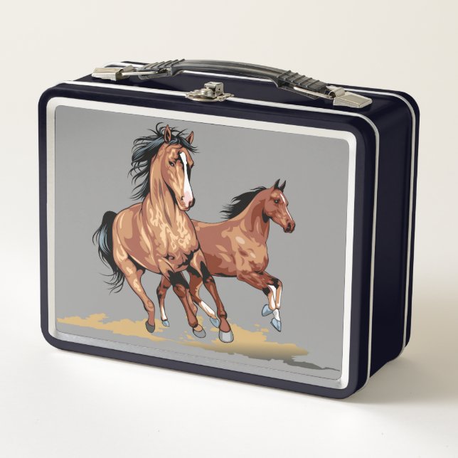Lunch Box 2 Beaux Chevaux Courant Boîte À Déjeuner Métal (Devant)