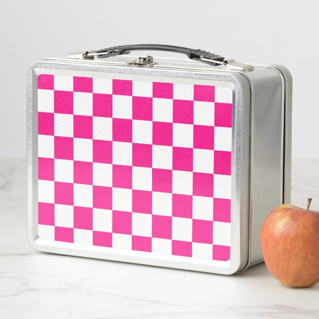 Lunch Box à damiers carré chaud rose blanc rétro géométrique (En situation)