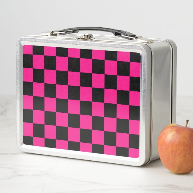 Lunch Box à damiers carré rose chaud noir rétro géométrique (En situation)
