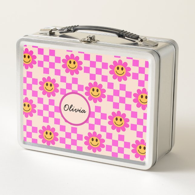Lunch Box à damiers Fleurs souriantes roses chaudes Nom pers (Devant)