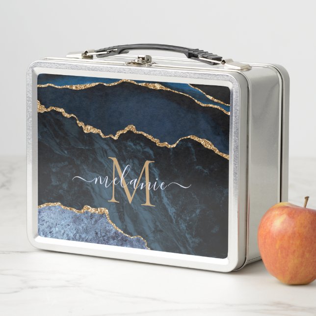 Lunch Box Agate Navy Blue Gold Nom Lettre métal Boîte à lunc (En situation)