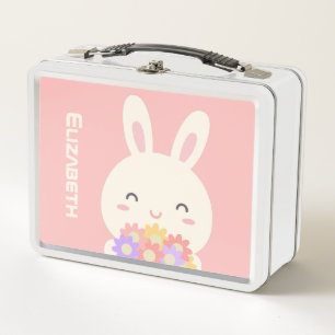 Lunch Box Ajouter votre nom  Petit lapin et fleurs doux rose