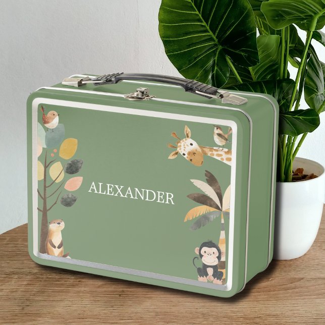 Lunch Box Animaux Sauvages Mignons (cute animals giraffe safari green lunch box, customizable with name, back to school essentials)