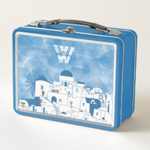 Lunch Box Aquarelle bleue et blanche Santorin Grèce Monogram