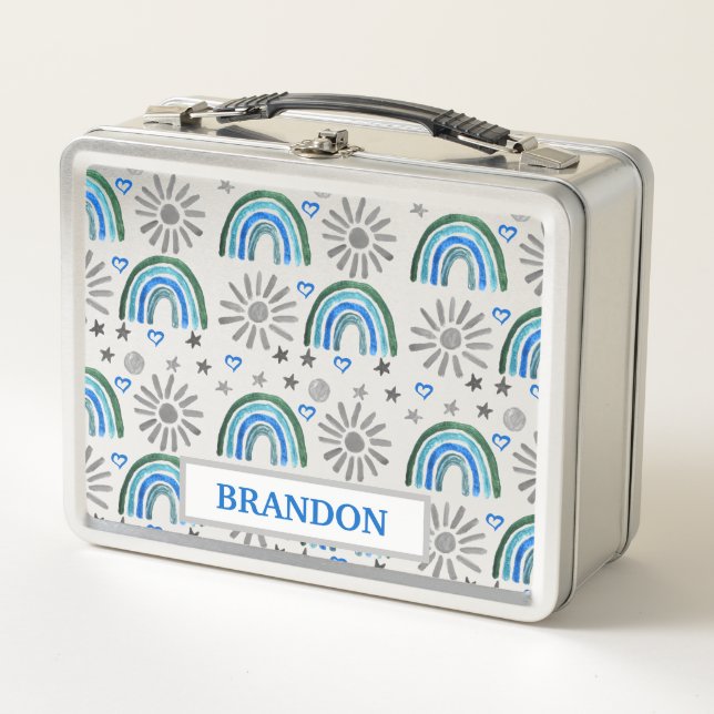 Lunch Box Aquarelle Boho Pastel Blue Nom du garçon Rainbow (Devant)