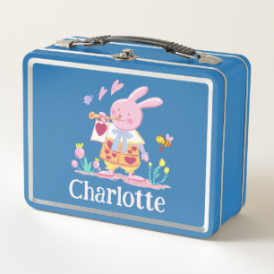 Lunch Box Aquarelle lapin rose dans le jardin Nom(clair)