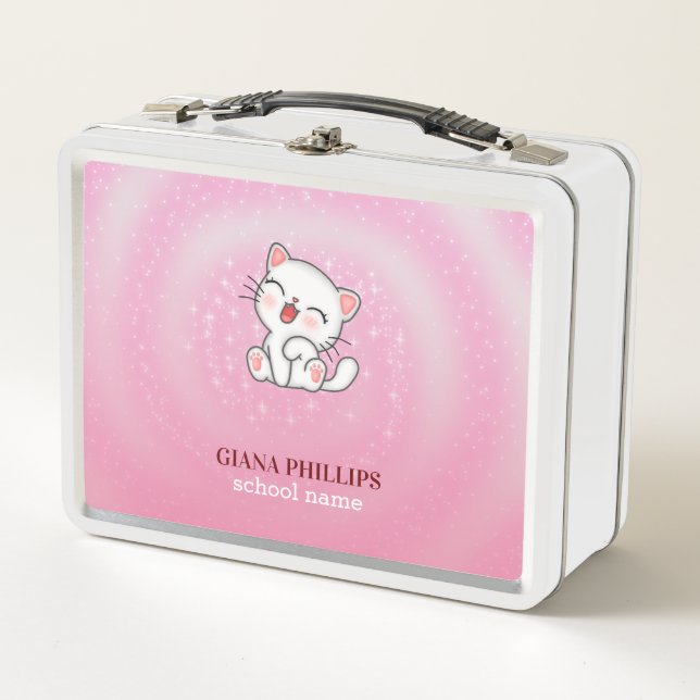 Lunch Box Arrière - plan blanc rose chat (Devant)