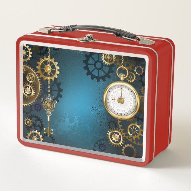 Lunch Box Arrière - plan turquoise à vapeur avec engrenages (Devant)