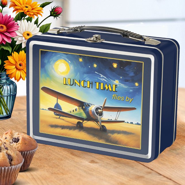 Lunch Box Art d'avion vintage (Lunch box featuring a painting of a vintage airplane)