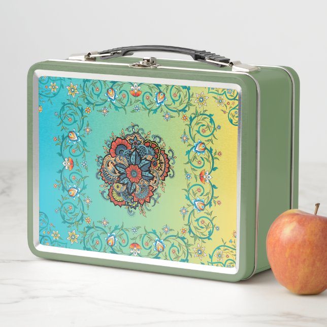 Lunch Box Art Floral Vert Mehndi, Design Botanique Élégant (En situation)