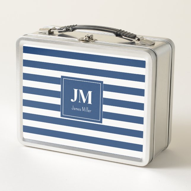 Lunch Box Bleu et blanc Rayures nautiques Monogramme (Devant)