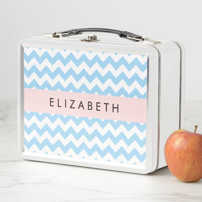 Lunch Box Bleu Zigzag, Bleu Chevron, Vague Motif, Votre Nom (En situation)