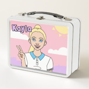 Lunch Box Blonde Cartoon Girl Pastel Pink School Student