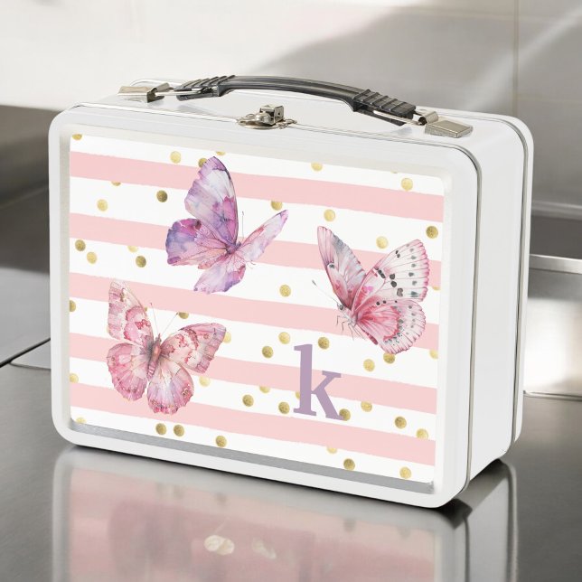 Lunch Box Boutons mignons et pointes roses Papillons et Mono (Personalize with your monogram initial.)