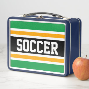 Lunch Box Bright Green Black White Yellow SOCCER Stripes