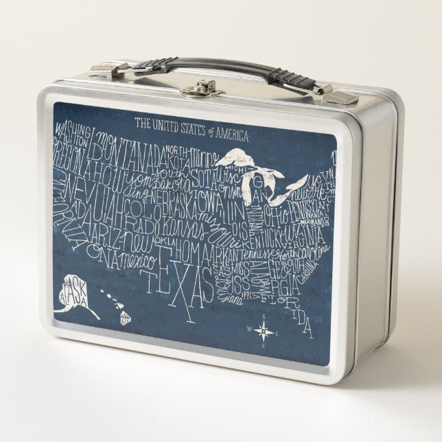 Lunch Box Carte en lettres des Etats-Unis de bleu de main (Devant)