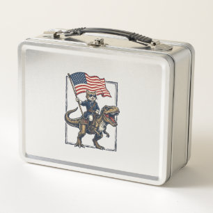 Lunch Box Chat Patriotique à Cheval sur un Dinosaure Design 