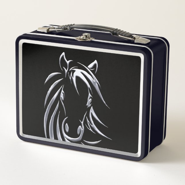 Lunch Box Cheval d'argent tête sur boîte à lunch noire (Devant)